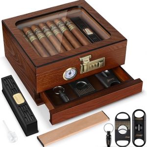 Cigar humidifier, cedar wood humidifier cigar box, glass tabletop humidifier, with front hygrometer, humidifier, divider, accessory drawer and combination lock, men's cigar gift (brown)